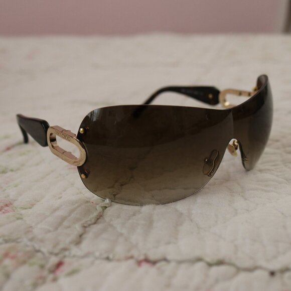 Jimmy Choo Y2K Gradient Rimless Rectangle Wrap Sunglasses Gold/Brown - Picture 7 of 9